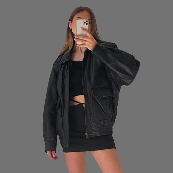 1980s Black Oversized Vintage Bomber Retro Real Leather Jacket