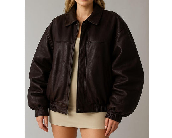Handmade Brown Oversize Lambskin Soft Real Leather Bomber