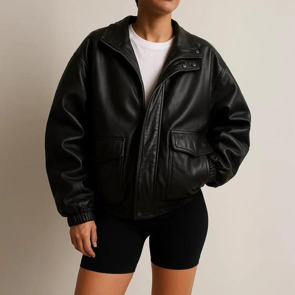 1980s Women Black Oversized Leather Jacket
