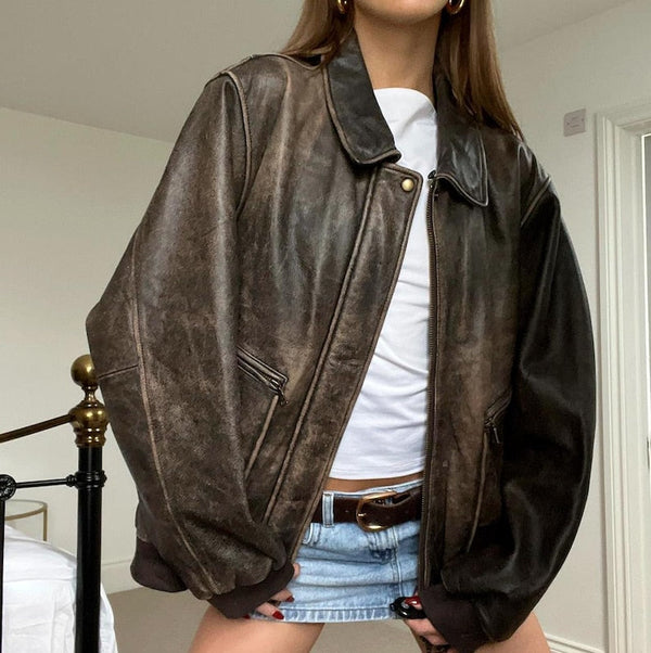 80s Women Vintage Retro Distressed Brown Leather Jacket