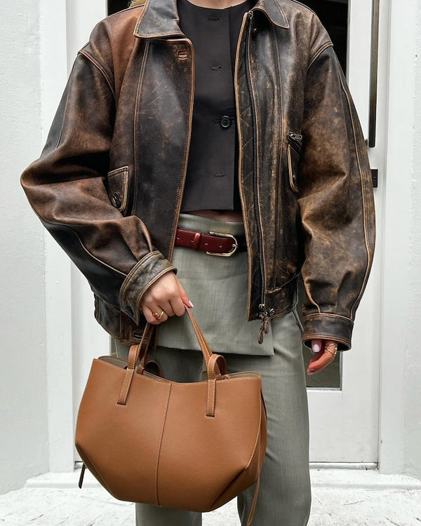 Women's Distressed Brown Oversized Leather Jacket