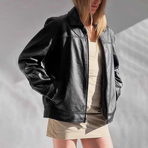 1990 Ladies Pure black Leather Bomber Jacket