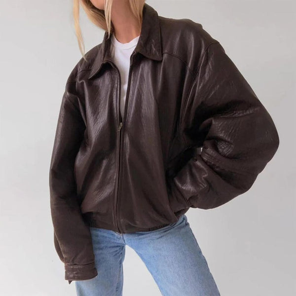 1980's Women Brown Leather Bomber Jacket