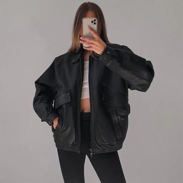 Women Handmade Oversize Bomber Leather Jacket