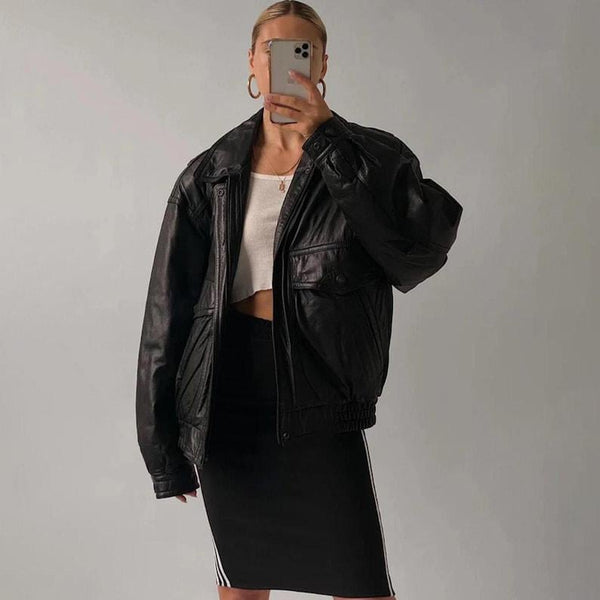 1980s Oversized Vintage Black Leather Jacket