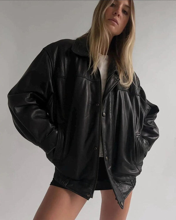 90's Women Handmade Black Oversize Leather Jacket