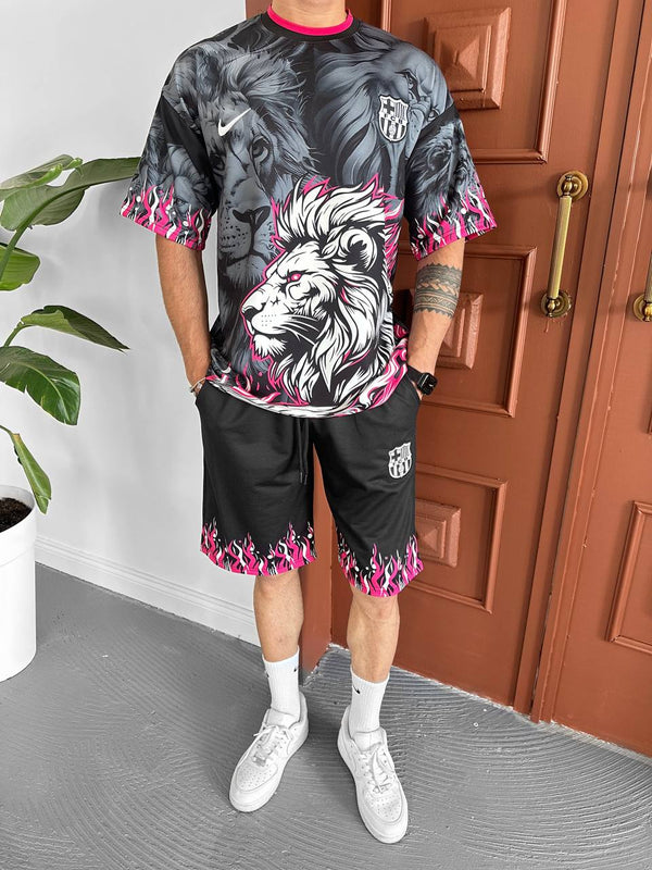 Lion Blaze Men's Graphic Tee & Flame Shorts Set – Fiery Streetwear with Bold Lion Print