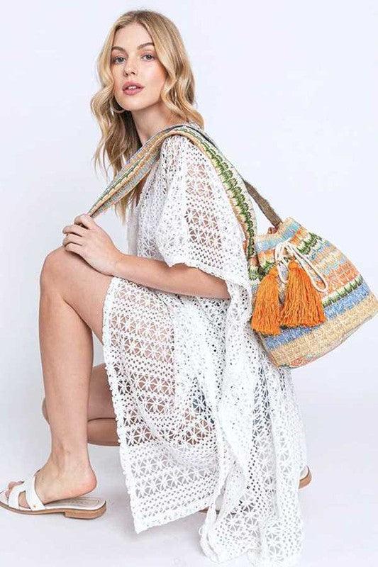 Mix Color Tassel Boho Swing Bucket Bag - Cocoa Yacht Club