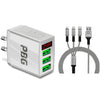 PBG 3 port LED Display Wall Charger and 3 in 1 Cable Bundle Silver
