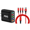PBG Black 5-Port LED Wall Charger & QC 3-in-1 Nylon Braided Fast Charging Cable