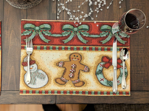 4-Pieces Gingerbread Sweets Holiday Woven Tapestry Placemats 13” x 19” (12917)
