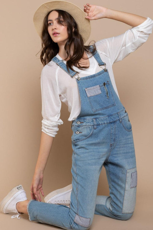 POL Front Chest Zipper Slim Leg Denim Overalls - Cocoa Yacht Club