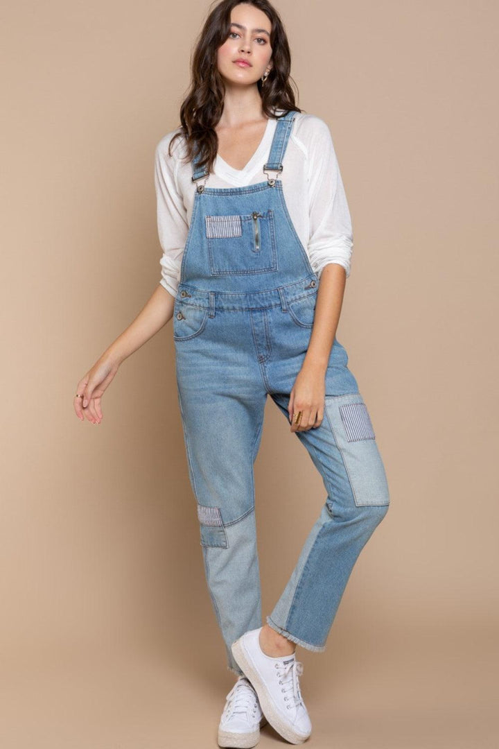 POL Front Chest Zipper Slim Leg Denim Overalls - Cocoa Yacht Club