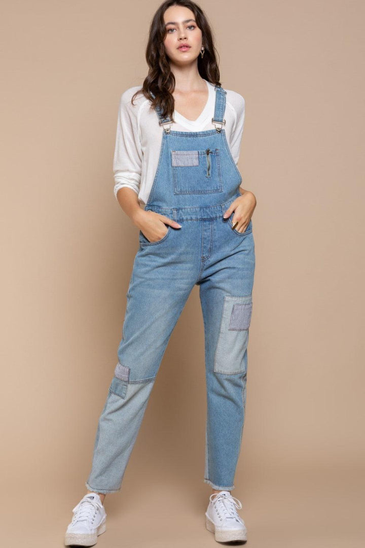 POL Front Chest Zipper Slim Leg Denim Overalls - Cocoa Yacht Club