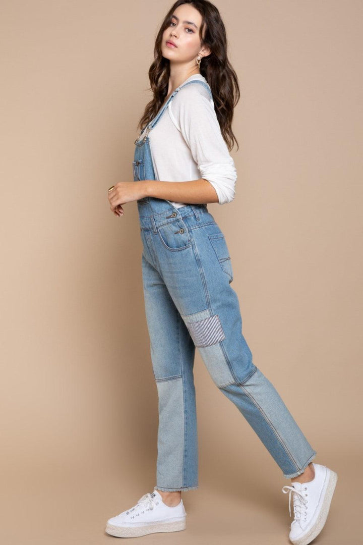 POL Front Chest Zipper Slim Leg Denim Overalls - Cocoa Yacht Club