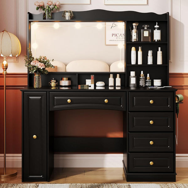 471 Makeup Vanity with Mirror and Lights White Vanity Desk with Drawers and Shelves Large Makeup Table with Glass Top Bedroom Dressing Table