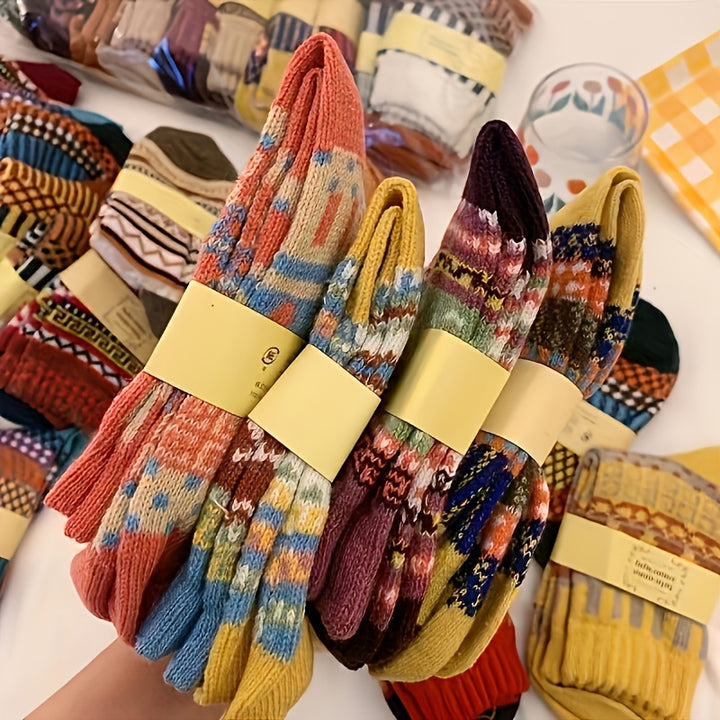 5pcs Cozy Womens Winter Socks  Thick Soft Knit for Hiking  Skiing Colorful Plaid Patterns Ideal Christmas Gift Outdoor Use Only Winter Clothes