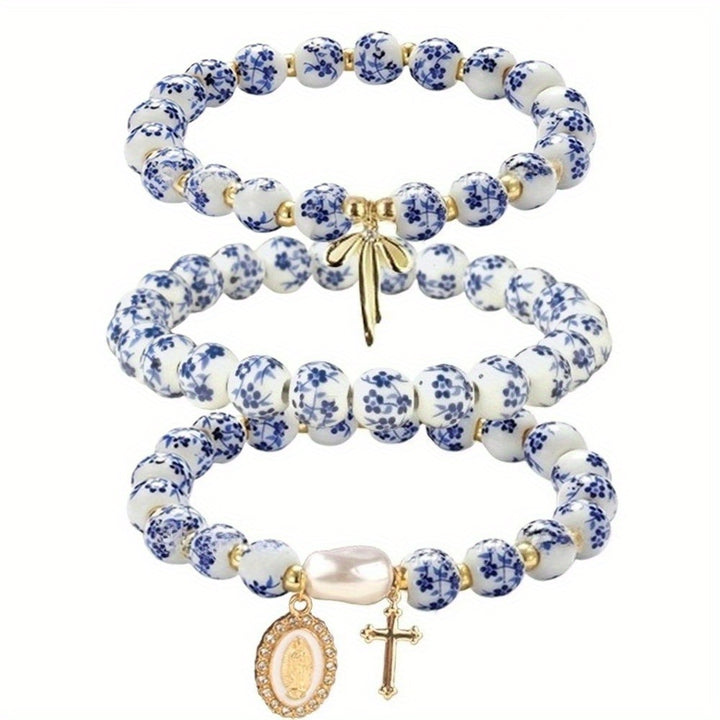 3pcs Chinese Blue Flower Ceramic Bow Cross Bead Bracelet Set  Bracelet for women Fashion Jewelry Perfect For Daily Wear And Gifting AllSeason Accessory