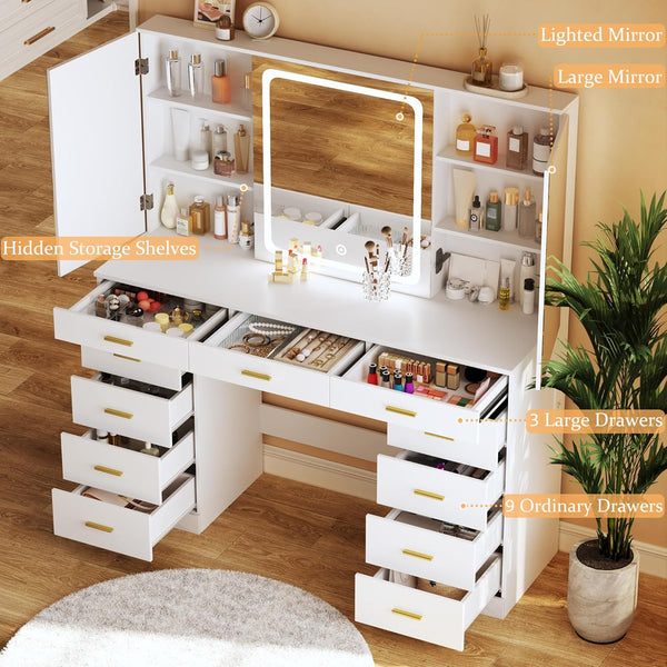 Whonline 472in highquality Vanity Desk with Mirror and Lights Ultrawide Makeup Vanity with 11 Storage Drawers and Hidden Storage Shelves White Vanity with Charging Stations and 3 LED Lighting Modes Adjustable for Bedroom