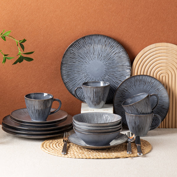 16pcs Set Of Ceramic Dinnerware Classic Gray Black Elegant Tableware Set Plate Spaghetti Bowl Soup Bowl Reaction Glaze Stoneware Set Wedding Halloween Decorations Kitchen Items Kitchen Accessories Local Warehouse