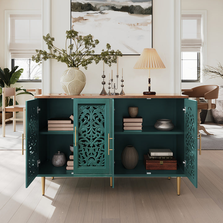 Vintage Green 4Door Accent Cabinet with Carving
