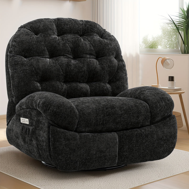 Oversized Swivel Recliner Chair Adult Electric Recliner with USB Port And Side Pocket Storage Comfortable Soft Shell Rocking Chair Large Chenille Recliner Suitable for The Living Room