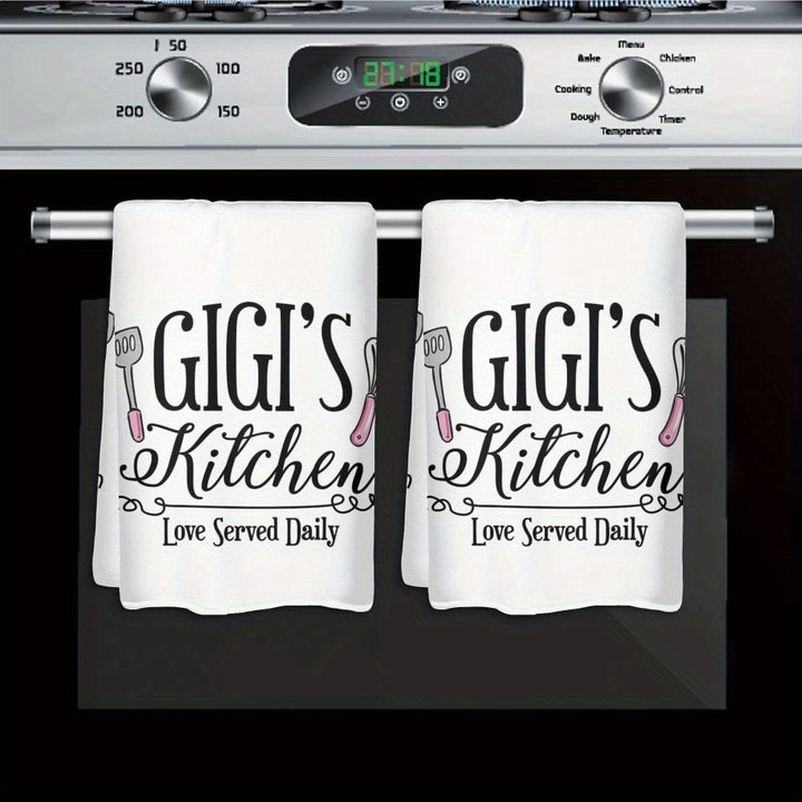 Gigis Kitchen Dish Towels 2pcs Gigis Kitchen Polyester Dish Towels  Modern Cartoon Theme with Playful Utensil Graphics  Love Served Daily Text Lightweight Decorative Hand Towels for Home  Hotel Use Hand Wash Only 236x157 Inch