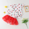 Baby Girl Cherry Print Pattern Mesh Patchwork Design Round-Collar Short-Sleeved Summer Dress Onesies