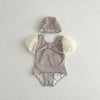 Baby Girl Plaid Pattern Mesh Sleeves Patchwork Swimwear With Hats