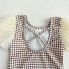 Baby Girl Plaid Pattern Mesh Sleeves Patchwork Swimwear With Hats