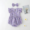 Baby Girl Floral Print Onesies With Headband In Summer Outfit Wearing