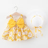 Baby Flower Pattern Bow Patched Design Sling Dress In Summer With Hat