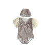 Baby Girl Plaid Pattern Mesh Sleeves Patchwork Swimwear With Hats