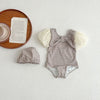 Baby Girl Plaid Pattern Mesh Sleeves Patchwork Swimwear With Hats