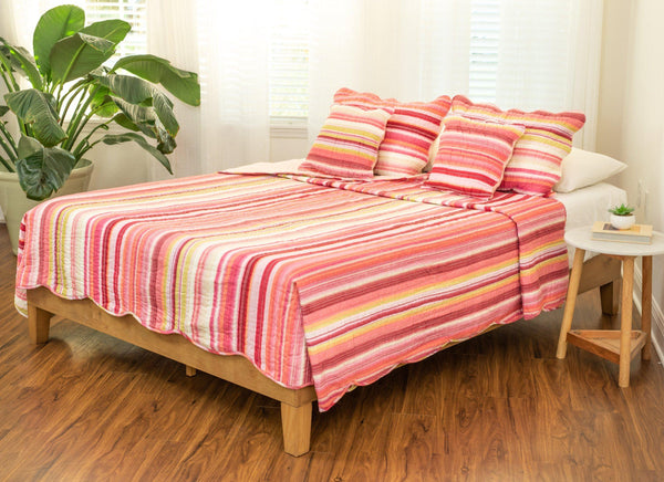 Multi-Red Pink Boho Summer Stripes Scalloped Lightweight Coverlet Bedspread Set (DXJ101824)
