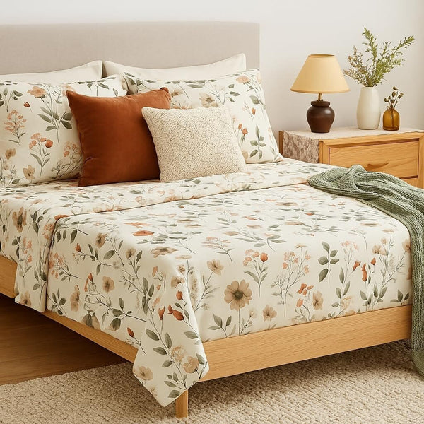 Enchanted Meadow Bed Sheet Set - Floral Harmony in Beige, Rose, and Soft Green, Premium Soft Microfiber, Machine Washable, Deep Pocket 14 - 15 Inches + Flat Sheet