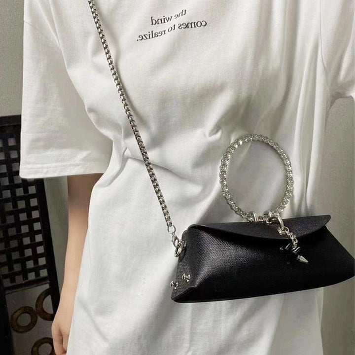 Rhinestone Clutch Bag with Metal Ring Handle Cocoa Yacht Club